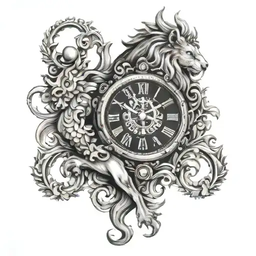 old watch with ornaments and held by a griffin with lion hind legs tattoo design idea