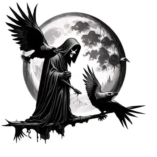 Grim reaper in dark forest with moon and crows tattoo design idea