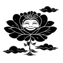 smiling water puppet from Hanoï. entouring it should be a flower and clouds (like jinx tatoos). thin line and shading tattoo design idea