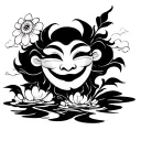 smiling water puppet from Hanoï. entouring it should be a flower and clouds (like jinx tatoos). thin line and shading tattoo design idea
