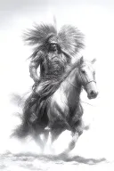 indian cheif riding a bucking grey horse feathers flow into the sky tattoo design idea