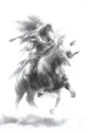 indian cheif riding a bucking grey horse feathers flow into the sky tattoo design idea