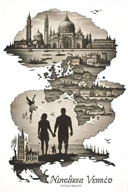 silhouette of a family holding hands traveling arround the world with monuments from Venice, Milan and turkey behind tattoo design idea