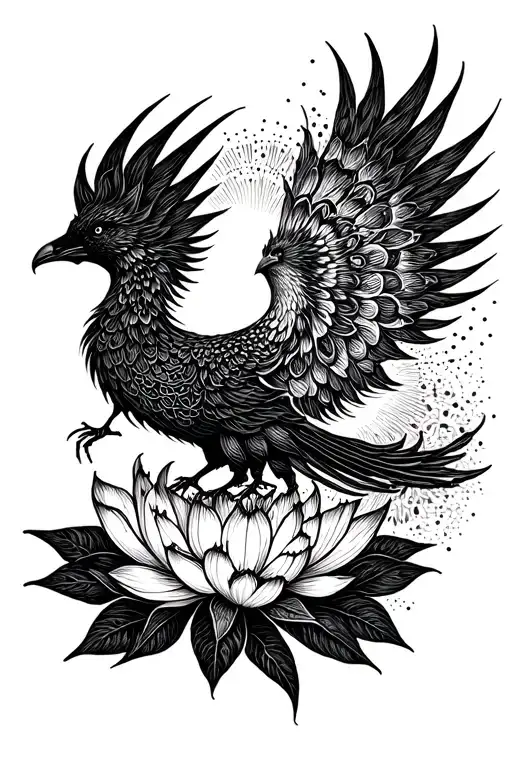phoenix rising silhouette to the sun connected to a detailed black lotus tattoo design idea