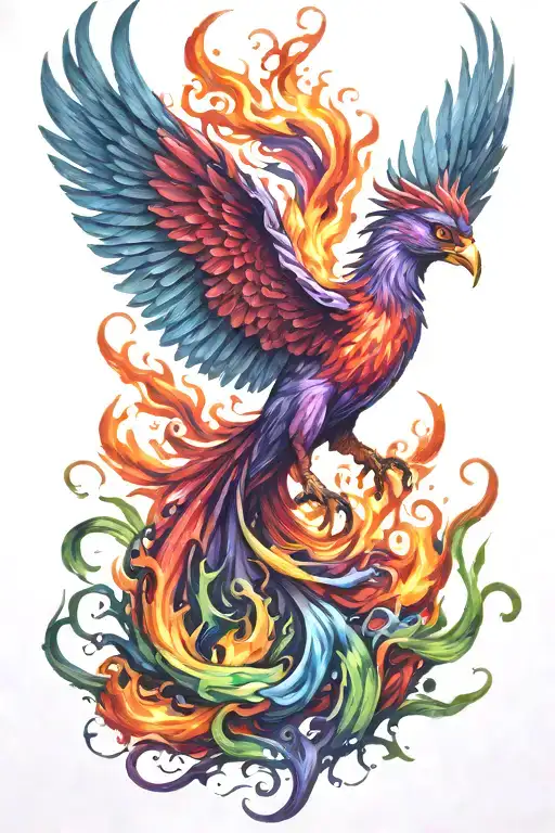 red, blue, green, purple - phoenix rising from flames tattoo design idea