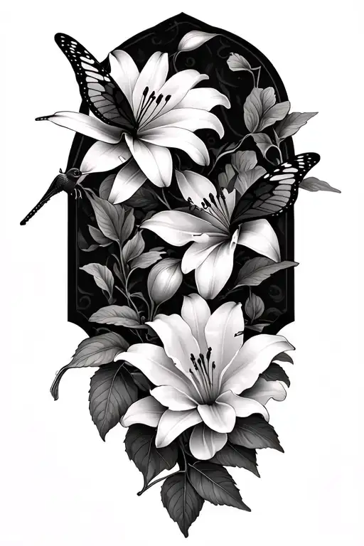 lilies on a vine, butterfly, hummingbird, dragonfly tattoo design idea