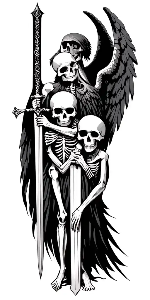 skeletons and angel holding a sword tattoo design idea