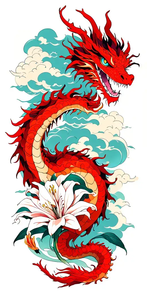 oriental dragon, wrapping round arm up to shoulder, clouds, spider lillies, abstract style lines to fill gaps, all red  tattoo design idea