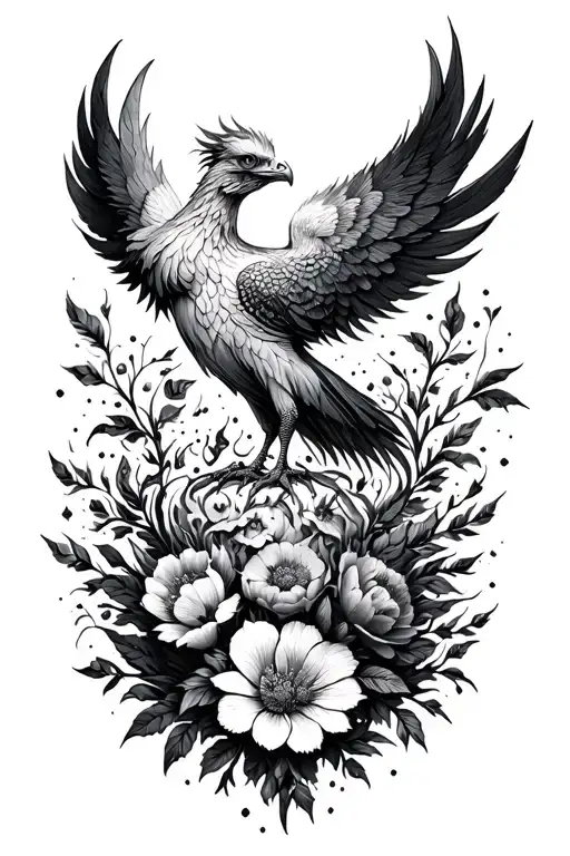 Phoenix reborn from these ashes and flowers tattoo design idea