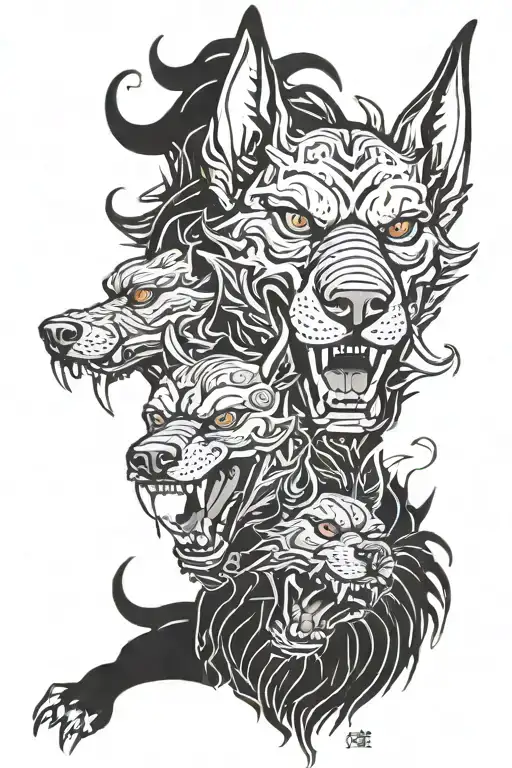 Irezumi style Cerberus with 3 heads snarling Doberman tattoo design idea
