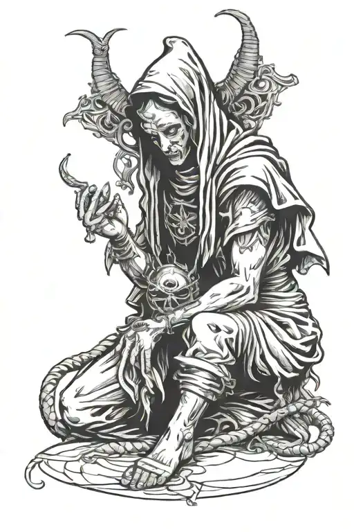 Need a black and white tattoo all over my sleeve. The devil is holding a nun by the throat. She is kneeling in prayer and crying. tattoo design idea