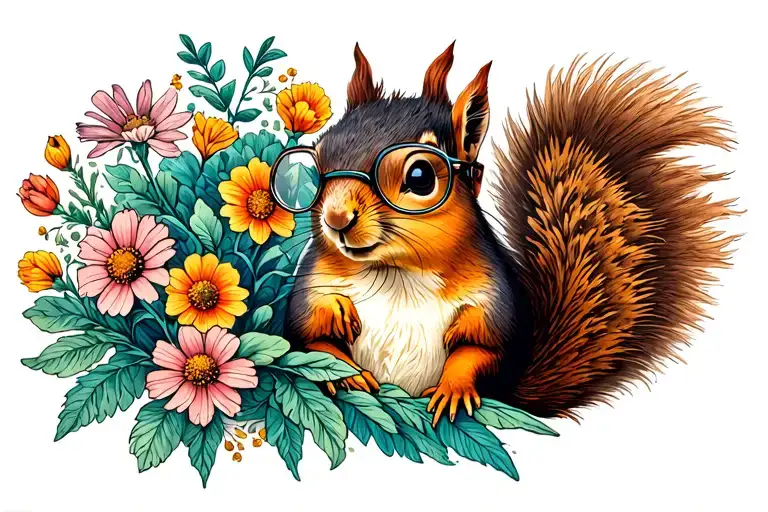 William Morris art nouveau squirrel wearing glasses surrounded by wildflowers tattoo design idea
