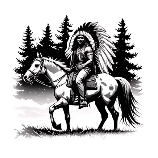 Apache Indian with headdress on a horse in a pine forest at night tattoo design idea