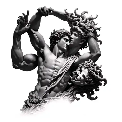 statue of perseus killing medusa holding the head tattoo design idea