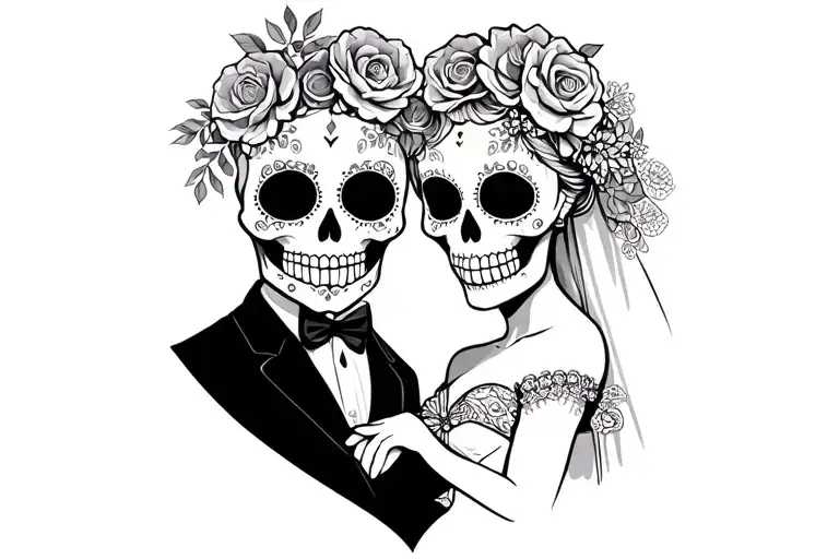 sugar skull bride and groom holding hands tattoo design idea