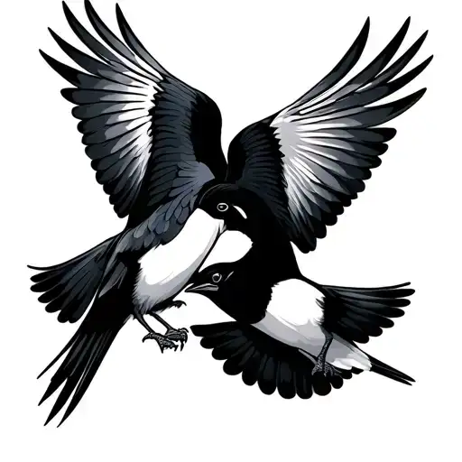 2 magpies facing each other one is stood and the other is landging tattoo design idea