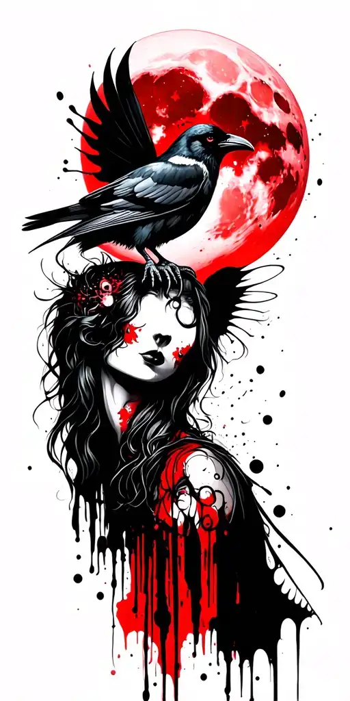 fairy demon succubus face hidden red moon crow perched  tattoo design idea