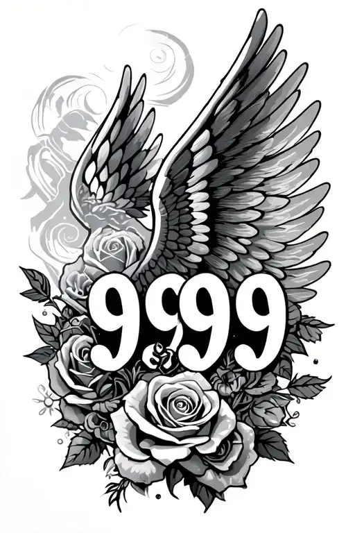 half sleeve with numbers 999 with wings and roses tattoo design idea