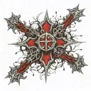 bloody upside down Cross. Metalic thorns. Blood splatter tattoo design idea