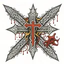 bloody upside down Cross. Metalic thorns. Blood splatter tattoo design idea