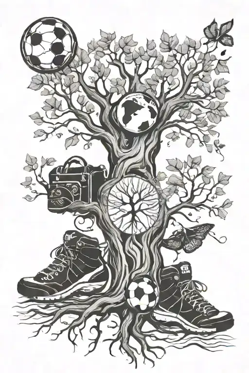a tree of life intertwined with football and hiking gear an the names mom Brandon Anthony aslynn autumn Arianna bryelle tattoo design idea