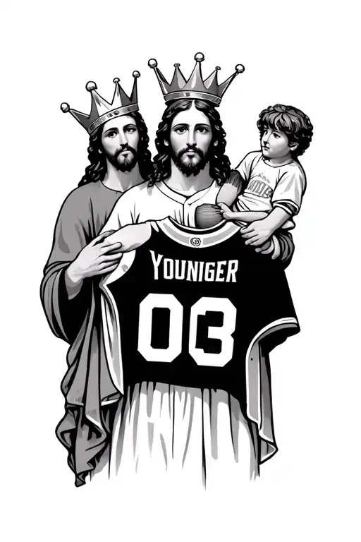 Jesus with a crown and then holding younger me in a tee ball jersey number 0 in his hands with 3:03 at the bottom tattoo design idea