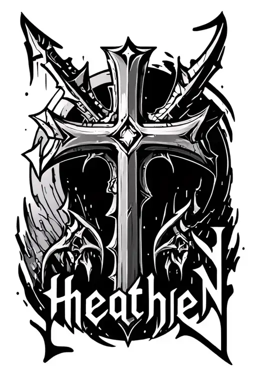 cyber sigilism cross with the word Heathen across tattoo design idea
