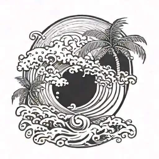 Incorporate the number 11 into a design featuring ocean waves and palm trees tattoo design idea