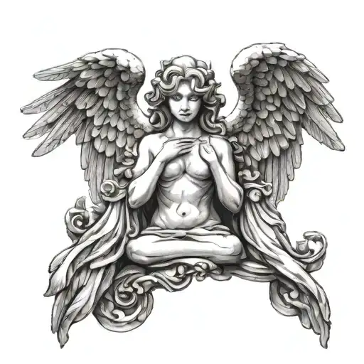 Design a forearm tattoo of three stone angels standing shoulder to shoulder. Each angel should have distinct characteris tattoo design idea