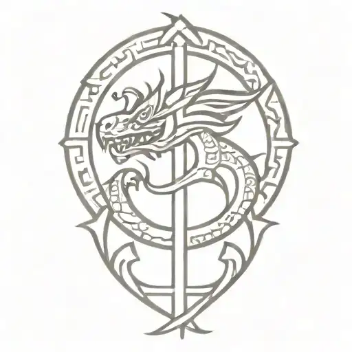 cross with Aztec dragon wrapping tattoo design idea