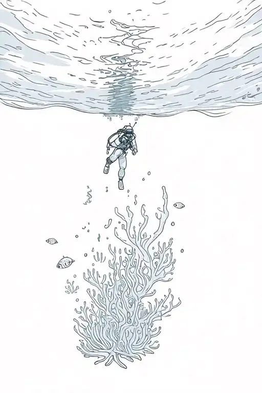 A sketch of a scuba diver exploring the depths of the ocean, incorporating elements of marine life and coral reefs tattoo design idea
