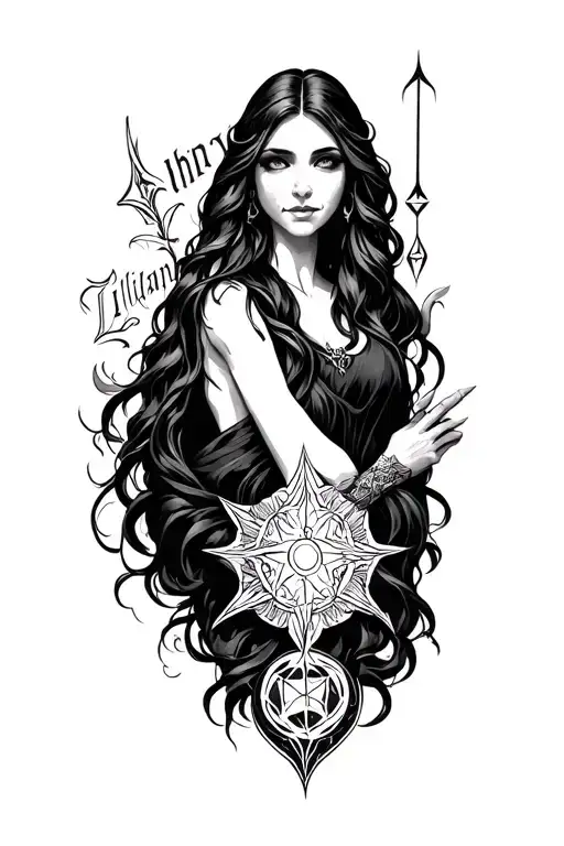 A tattoo design. Include the word Liliana with spells associated with a master necromancer and a healer tattoo design idea