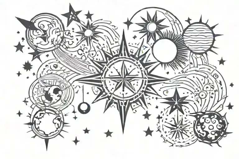 celestial and earthy themed tattoo with elements like stars, sun, moon, planets, clouds, etc. tattoo design idea