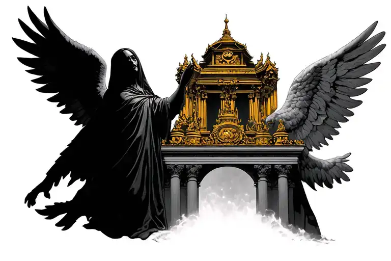 faceless angel descending from a golden palace tattoo design idea