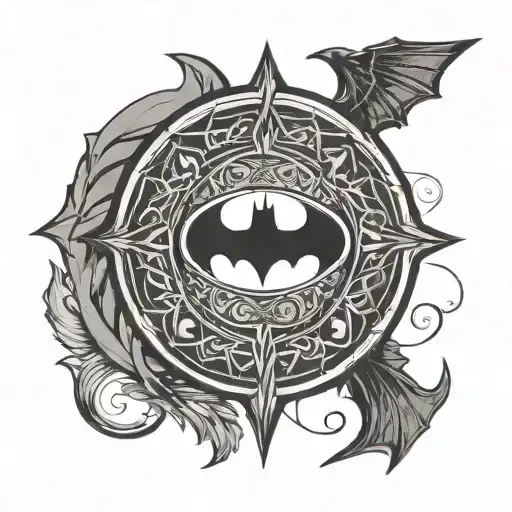 Batman symbol on a shield against a background of a circle laurel wreath tattoo design idea