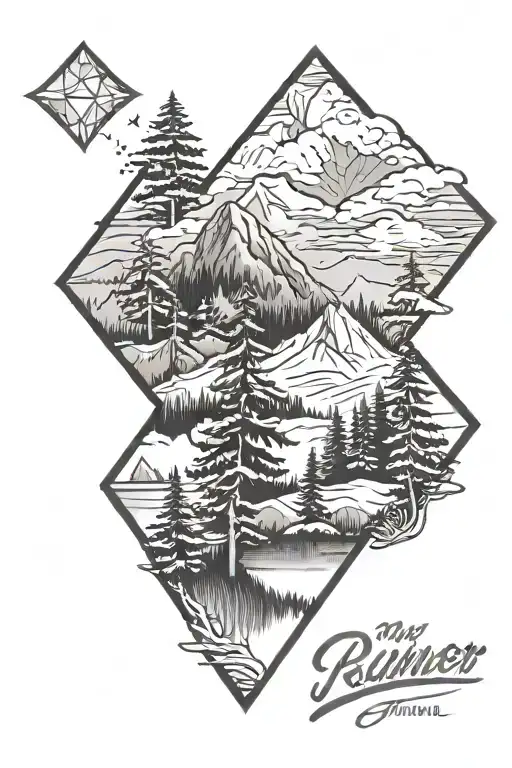 my rainier with evergreens inside a diamond shape outline tattoo design idea