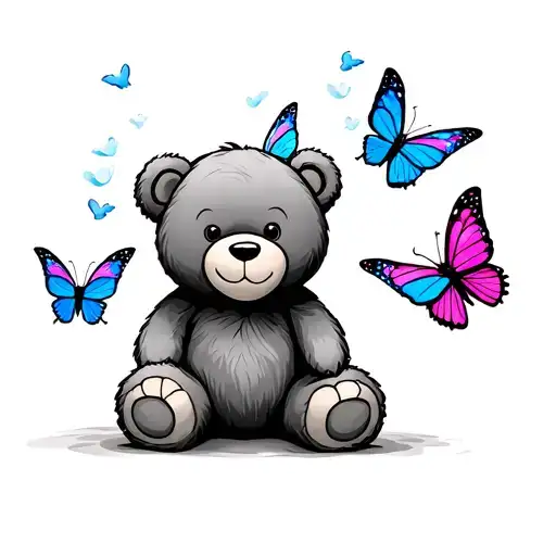 Happy teddy bear with 2 blue butterflies and 2 pink butterflies buzzing around tattoo design idea