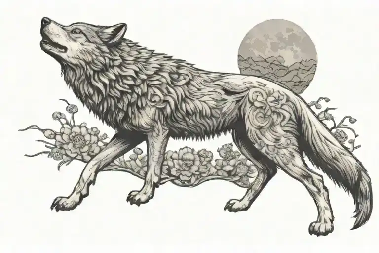 wolf howling at a wanning gibbous moon, standing on a cliffs edge, surrounded by chrysanthemum, asters and morning glori tattoo design idea