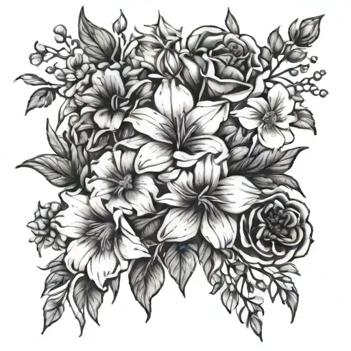 fine line flower bouquet tattoo with gladiolus, violet, morning glory, rose, cosmos, holly, violet, and holly tattoo design idea