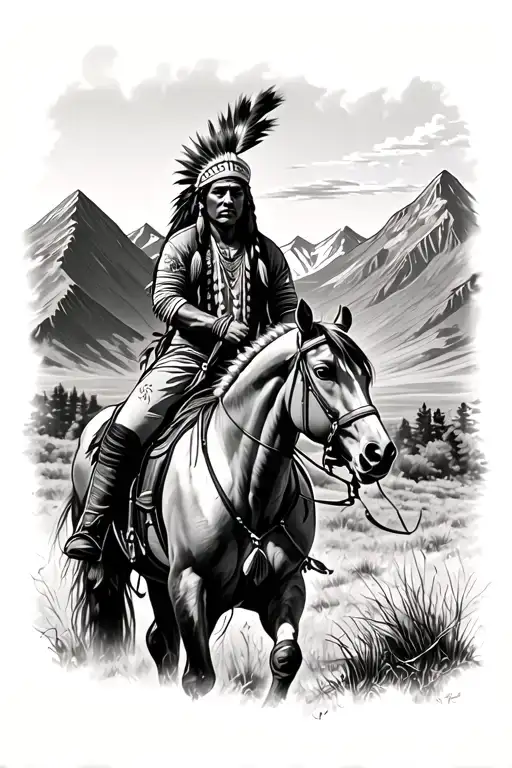 native american on horse looking towards mountain tattoo design idea