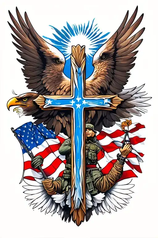 soldier cross surrounded by American flag and blue line flag on eagles wings tattoo design idea