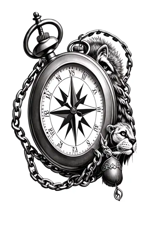 forearm tattoo of a Compass and a pocket watch w/ chain side by side, with an animal hidden in the details  tattoo design idea