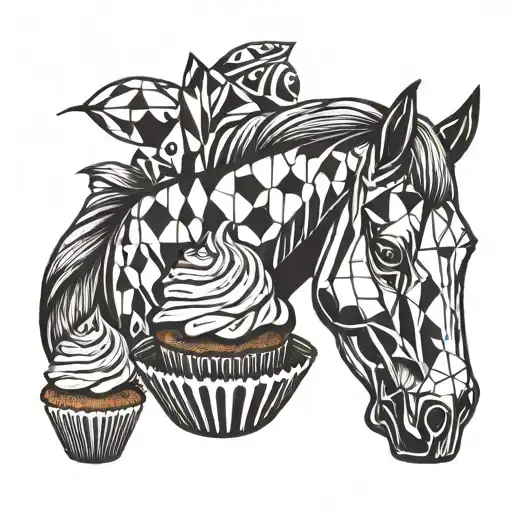 horse, cup cake tattoo design, cup cake, simple design, geometric detailss trippy tattoo design, hallucinatory tattoo design idea