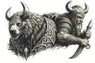 viking warior and bear   tattoo design idea