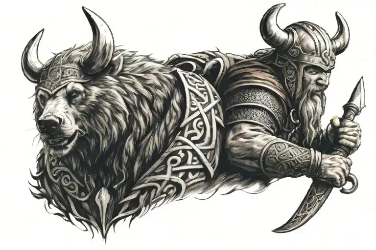viking warior and bear   tattoo design idea