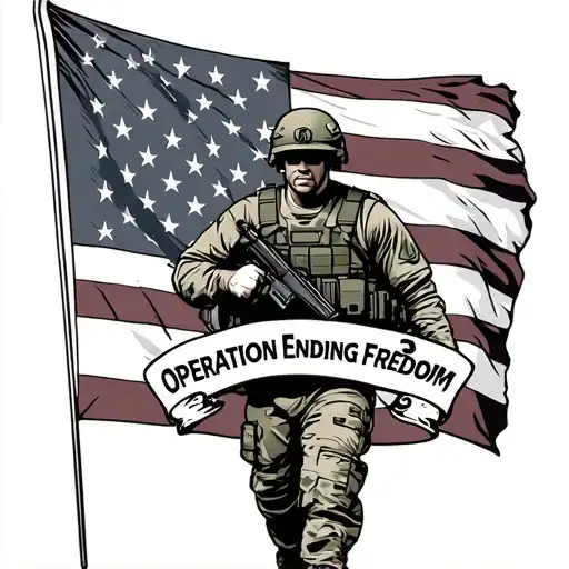 Large American flag in background with army soldier with banner Operation Enduring Freedom 3, 11-12 tattoo design idea