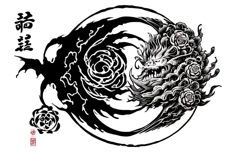 Neo-Japanese tattoo design of Seven Deadly Sins in an incomplete Enso circle. Include kanji "The Seven Deadly Sins" at top. tattoo design idea