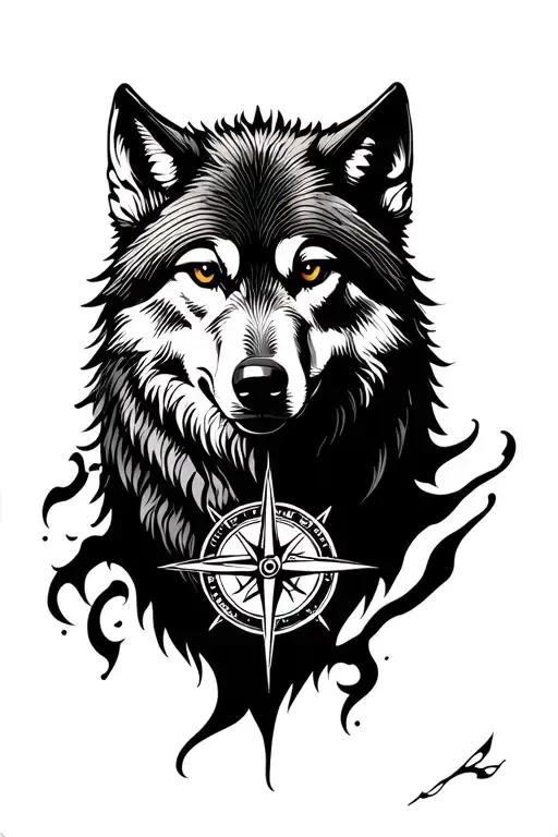 wolf with compass design tattoo design idea