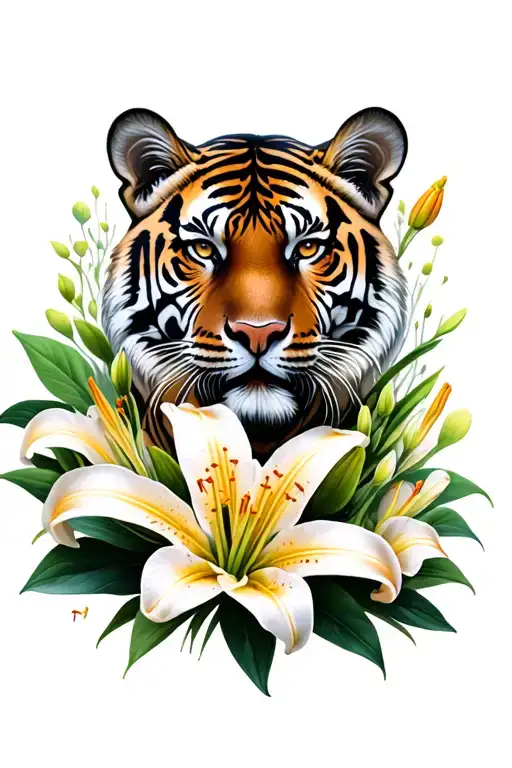 lily flower and tiger face surrounded tattoo design idea