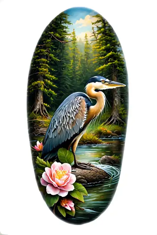 Flowing river, great blue heron, cypress trees, camelia flowers, otter tattoo design idea
